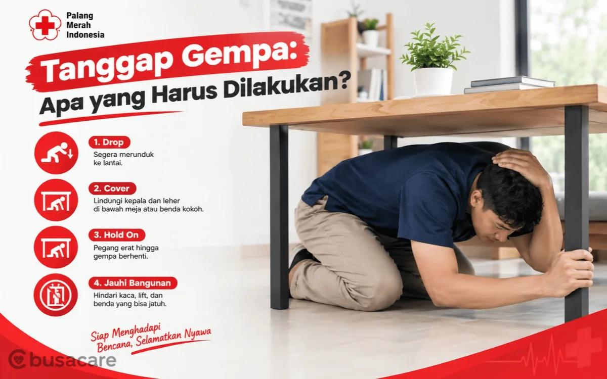 Langkah tanggap gempa dengan teknik Drop Cover Hold On dan tas siaga bencana keluarga