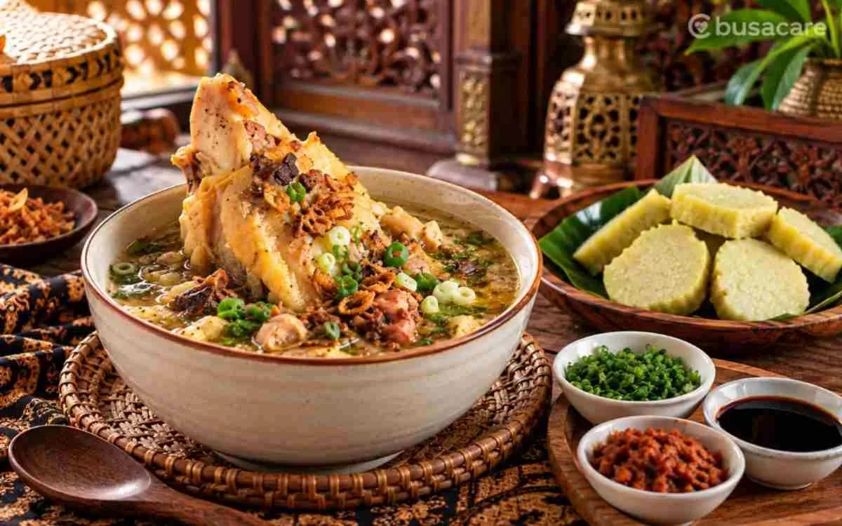 Kaldu kokot khas Madura dengan kuah gurih, tulang kaki sapi, dan pelengkap tradisional yang disajikan di atas meja.