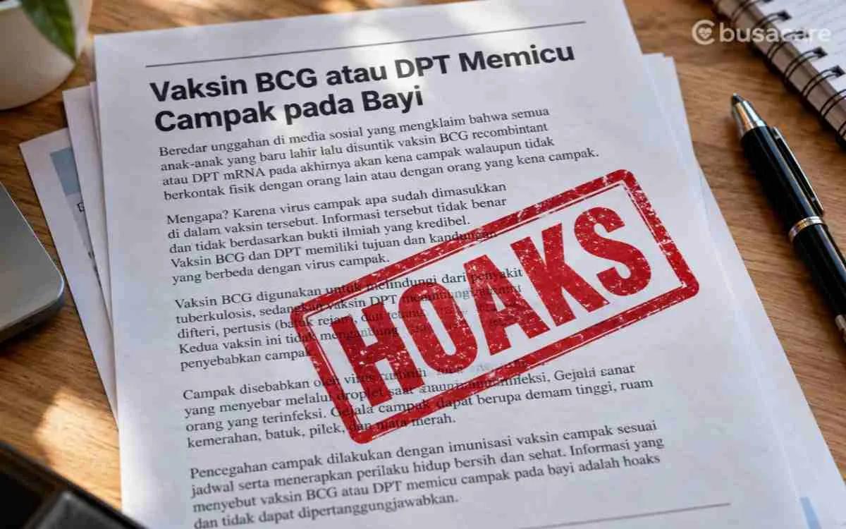 Dokumen berisi informasi hoaks tentang vaksin BCG dan DPT yang diklaim memicu campak pada bayi, ditandai cap merah bertuliskan HOAKS.
