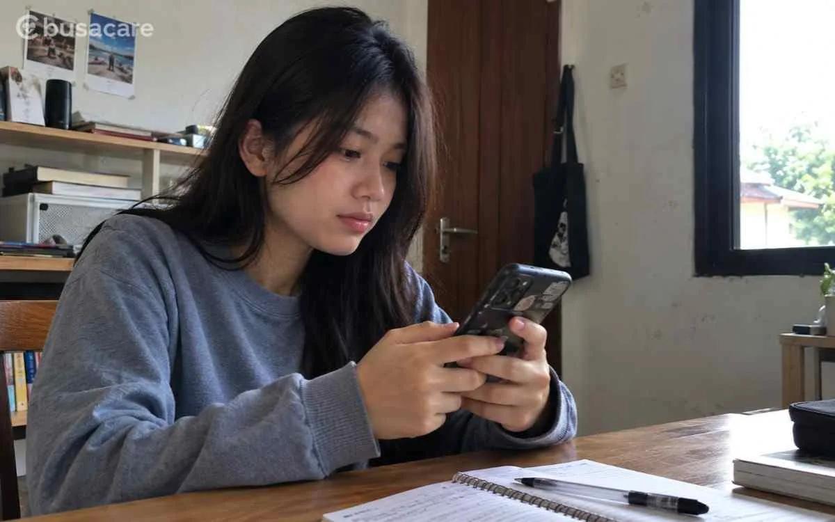 Remaja perempuan menggunakan ponsel di meja belajar sebagai ilustrasi bijak bermedia sosial untuk menjaga kesehatan mental di era digital.