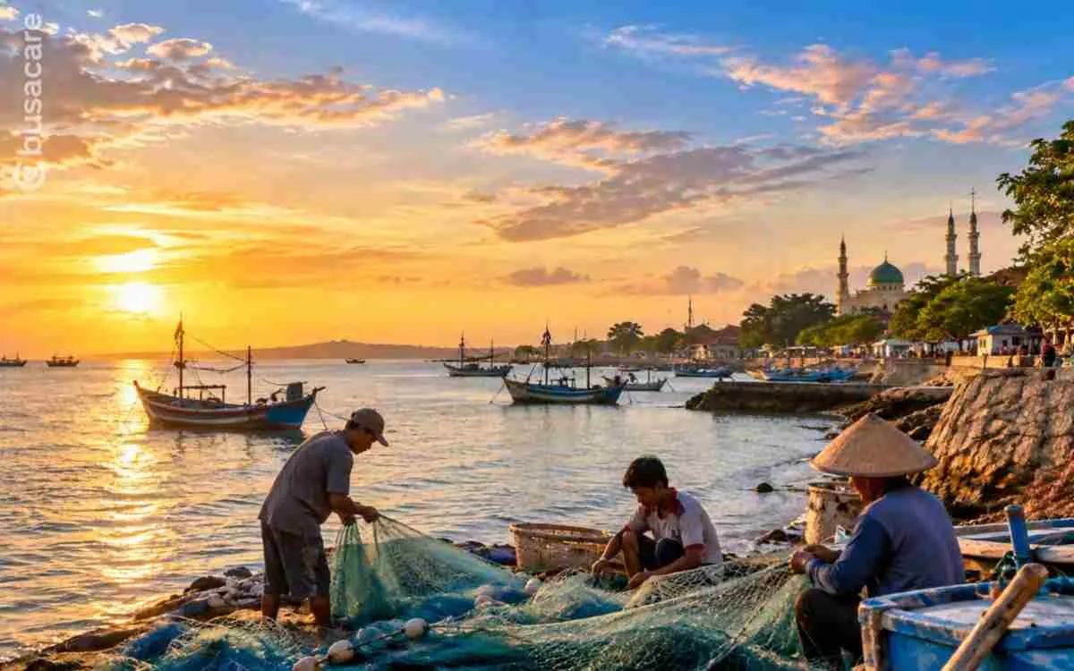 Nelayan memperbaiki jaring di pesisir Sumenep saat matahari terbenam dengan perahu-perahu tradisional di laut, menggambarkan harmoni alam, kehidupan masyarakat pesisir, dan kesehatan lingkungan.