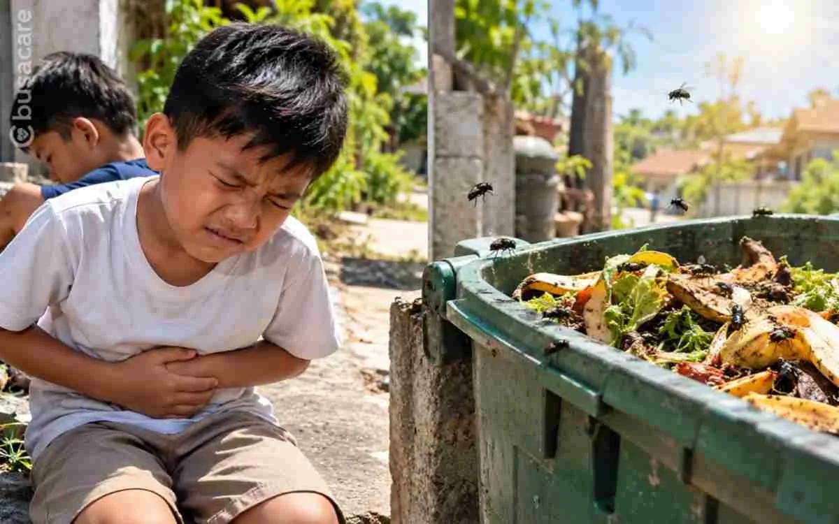 Anak mengalami sakit perut di dekat tempat sampah organik yang dipenuhi lalat sebagai ilustrasi risiko infeksi akibat pengelolaan sampah yang buruk saat suhu tinggi.