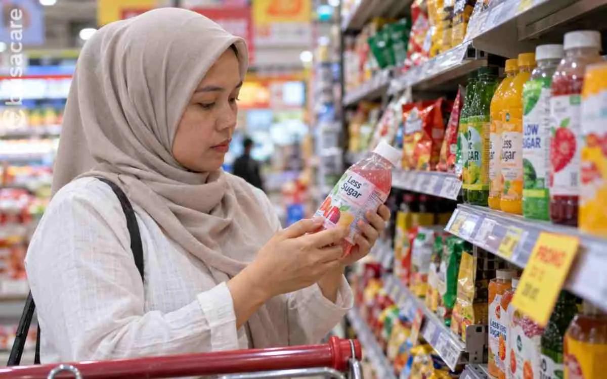 Perempuan memeriksa label less sugar pada minuman kemasan di supermarket untuk mengetahui kandungan gula dan memilih produk secara bijak.