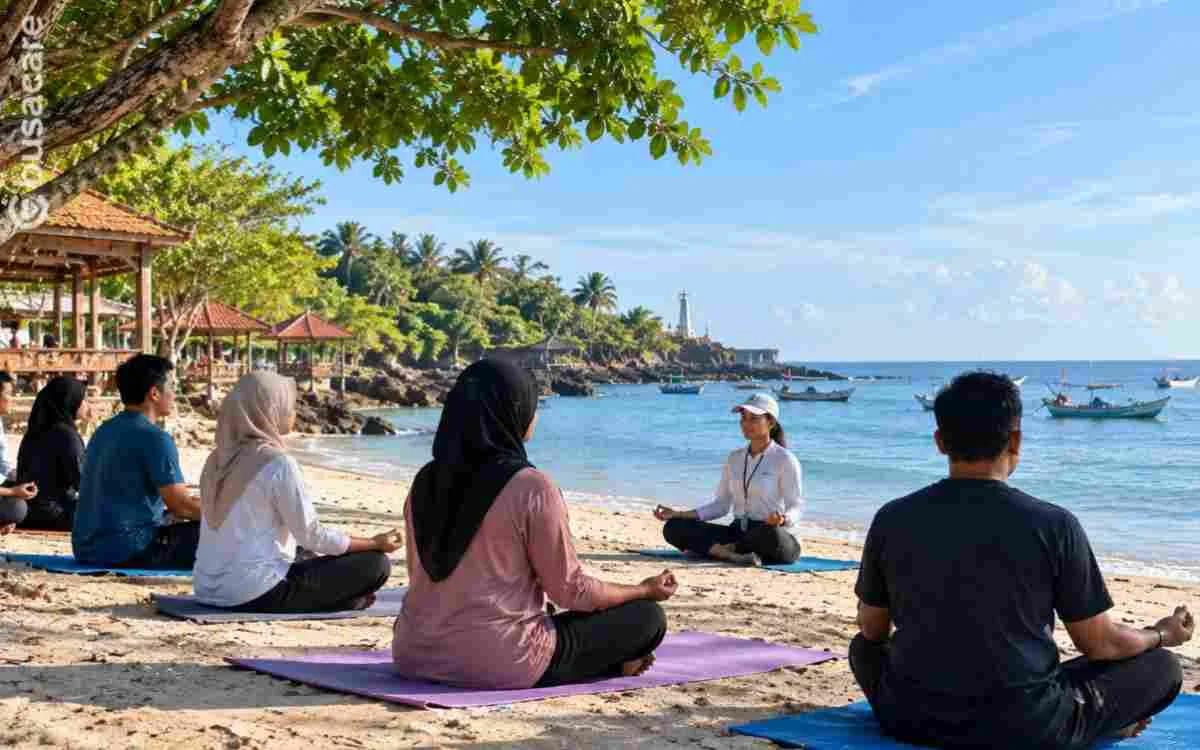 Wisatawan melakukan meditasi dan relaksasi di tepi pantai sebagai ilustrasi potensi ecotherapy dan thalassotherapy untuk wisata kesehatan di Sumenep.