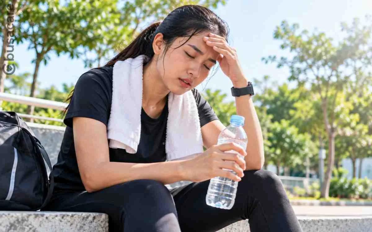 Seorang perempuan beristirahat setelah beraktivitas di luar ruangan sambil memegang botol air minum, ilustrasi pentingnya mencukupi kebutuhan cairan untuk mencegah dehidrasi.