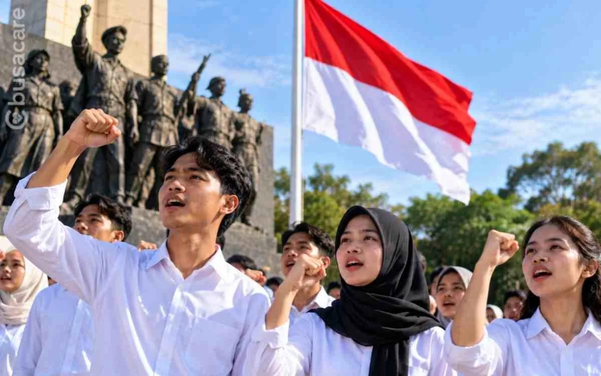 Para pemuda Indonesia mengangkat tangan dengan semangat nasionalisme di depan bendera Merah Putih dan monumen perjuangan, ilustrasi peringatan Hari Sumpah Pemuda dengan misi kesehatan dan kemanusiaan.