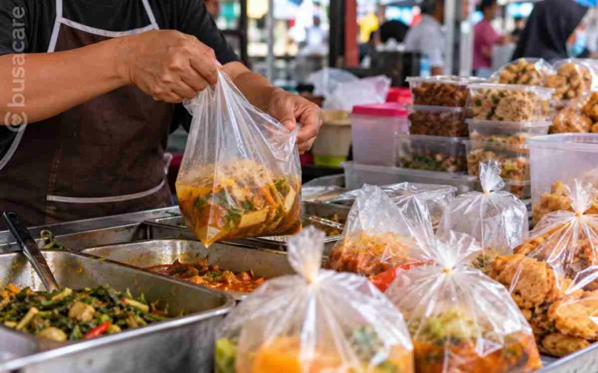 Pedagang membungkus makanan matang dalam kantong plastik di pasar tradisional, ilustrasi keamanan kemasan plastik dan risiko paparan dioksin pada makanan dan minuman.
